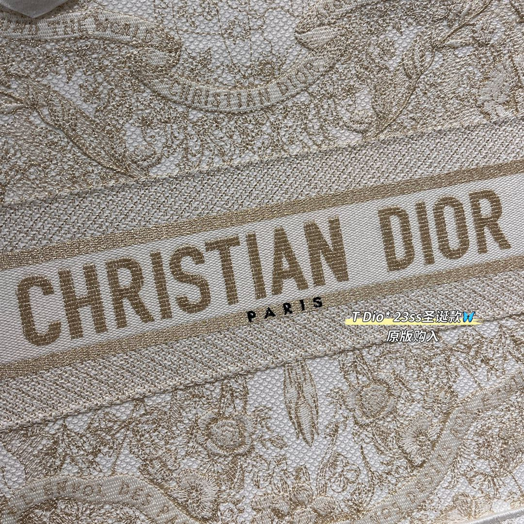 CD BOOK TOTE BAG 36 IN IVORY BEIGE EMBROIDERED CANVAS