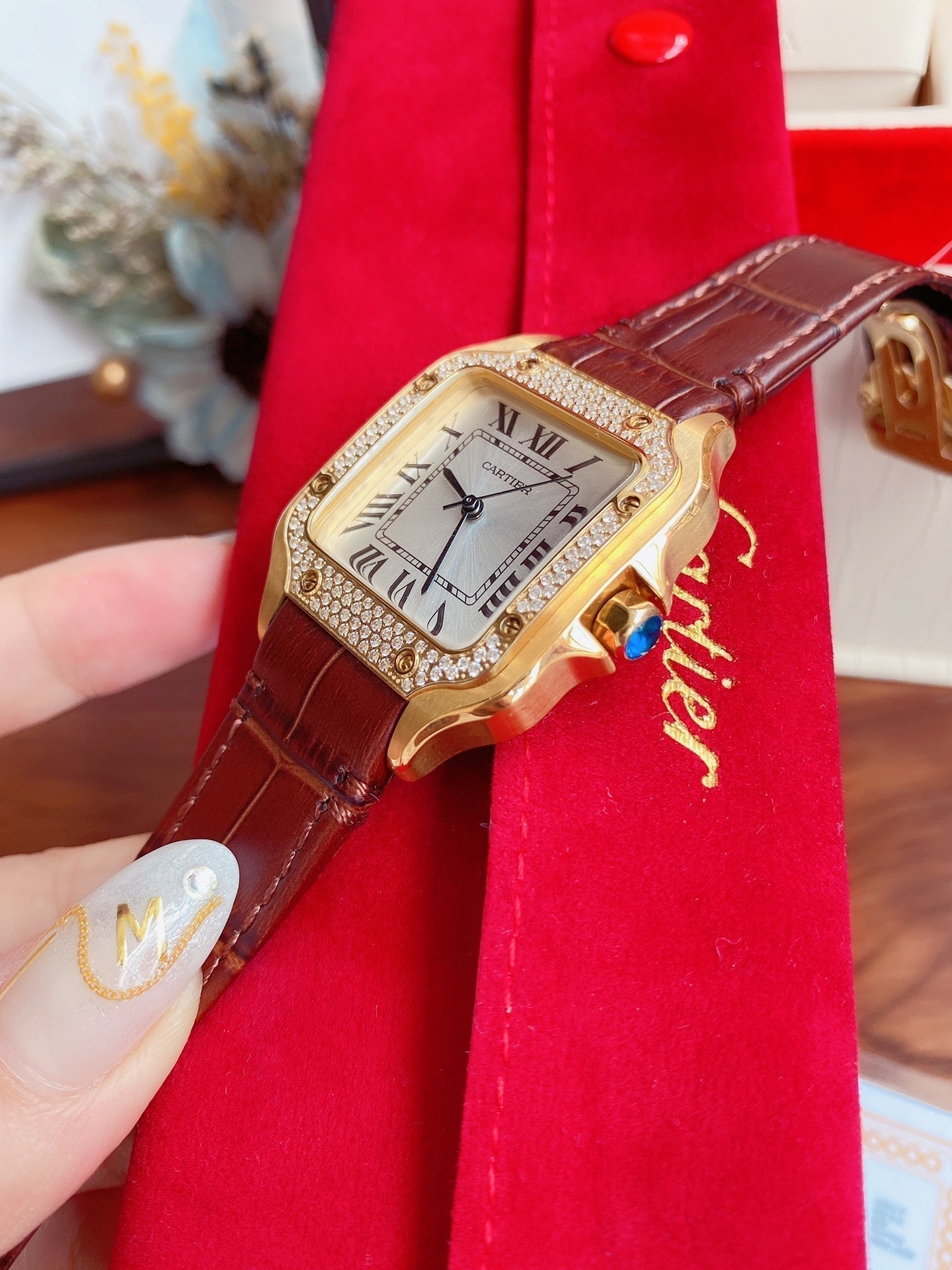 SANTOS LADY 35MM QUARTZ 35MM GOLD CASE DIAMOND BEZEL LEATHER