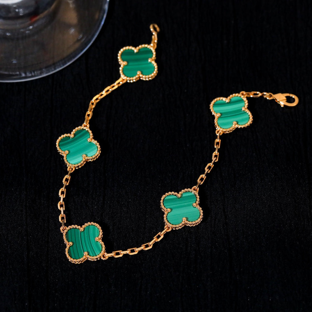 CLOVER 5 MOTIF MALACHITE PINK GOLD BRACELET