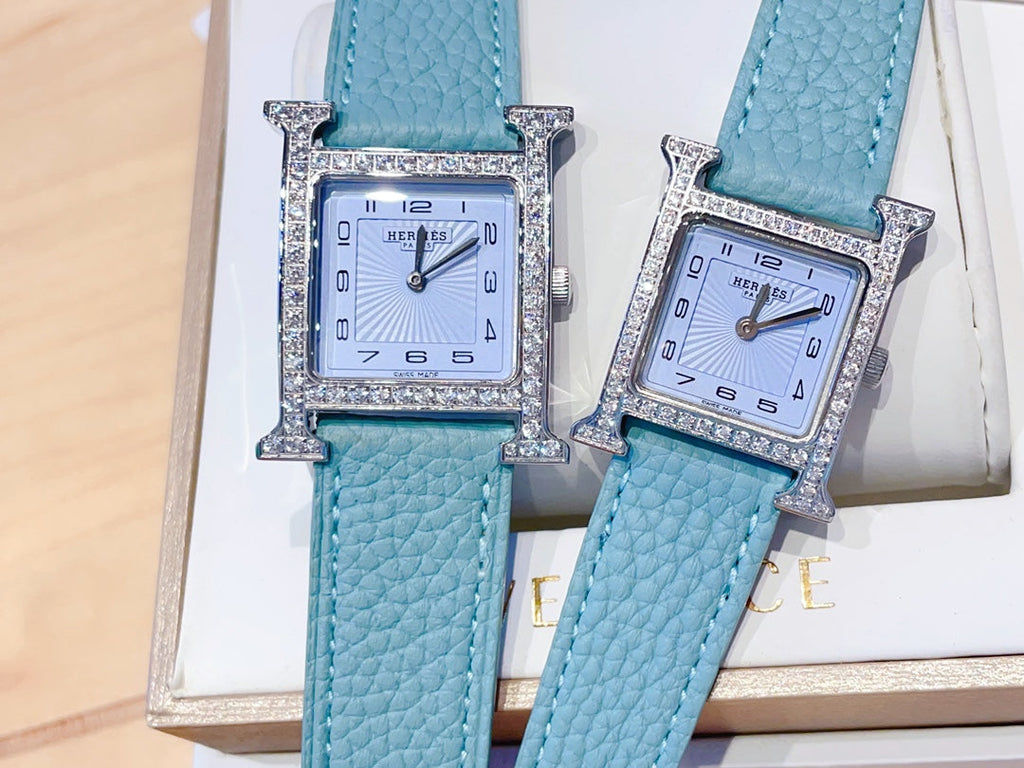 HM HEURE H 26 SILVER BLUE DIAL DIAMOND BEZEL EPSOM LEATHER