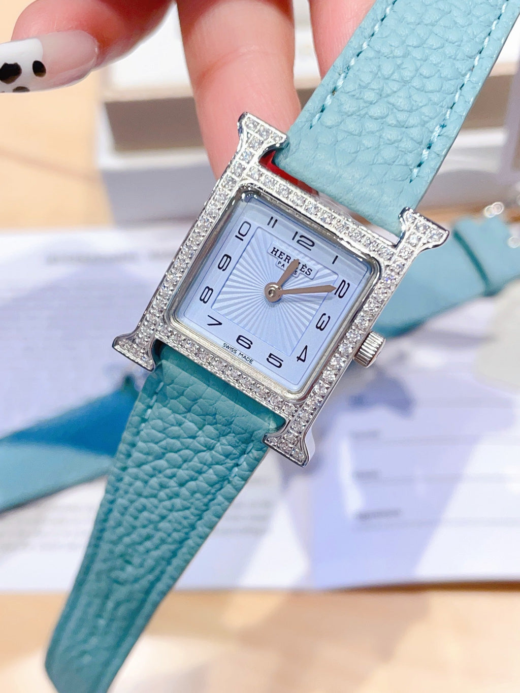 HM HEURE H 26 SILVER BLUE DIAL DIAMOND BEZEL EPSOM LEATHER