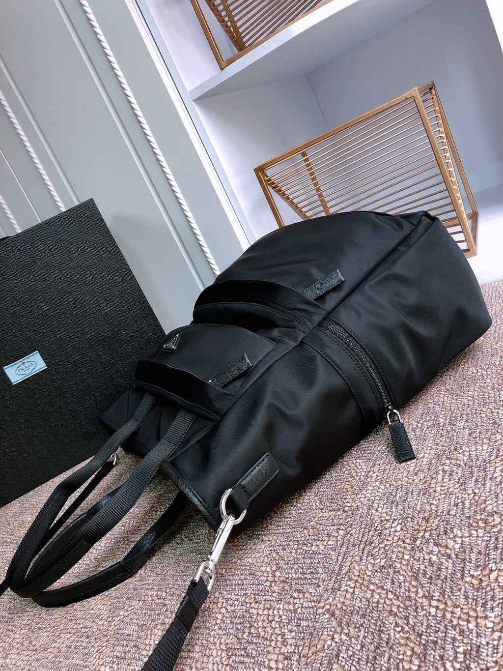 TOTE BAG 38 IN BLACK RE-NYLON AND SAFFIANO LEATHER TRIM