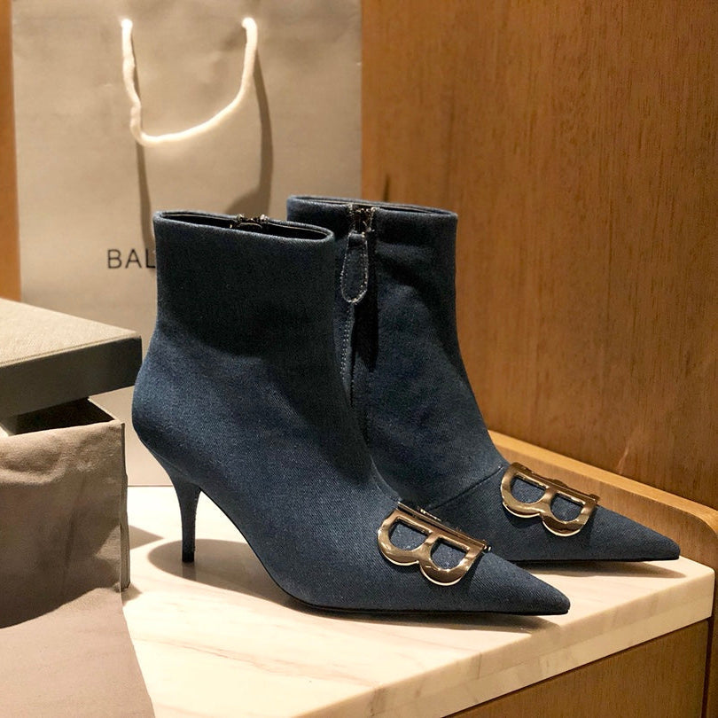POINTED-TOE HIGH HEEL 80 MM ANKLE BOOTS IN BLUE DENIM