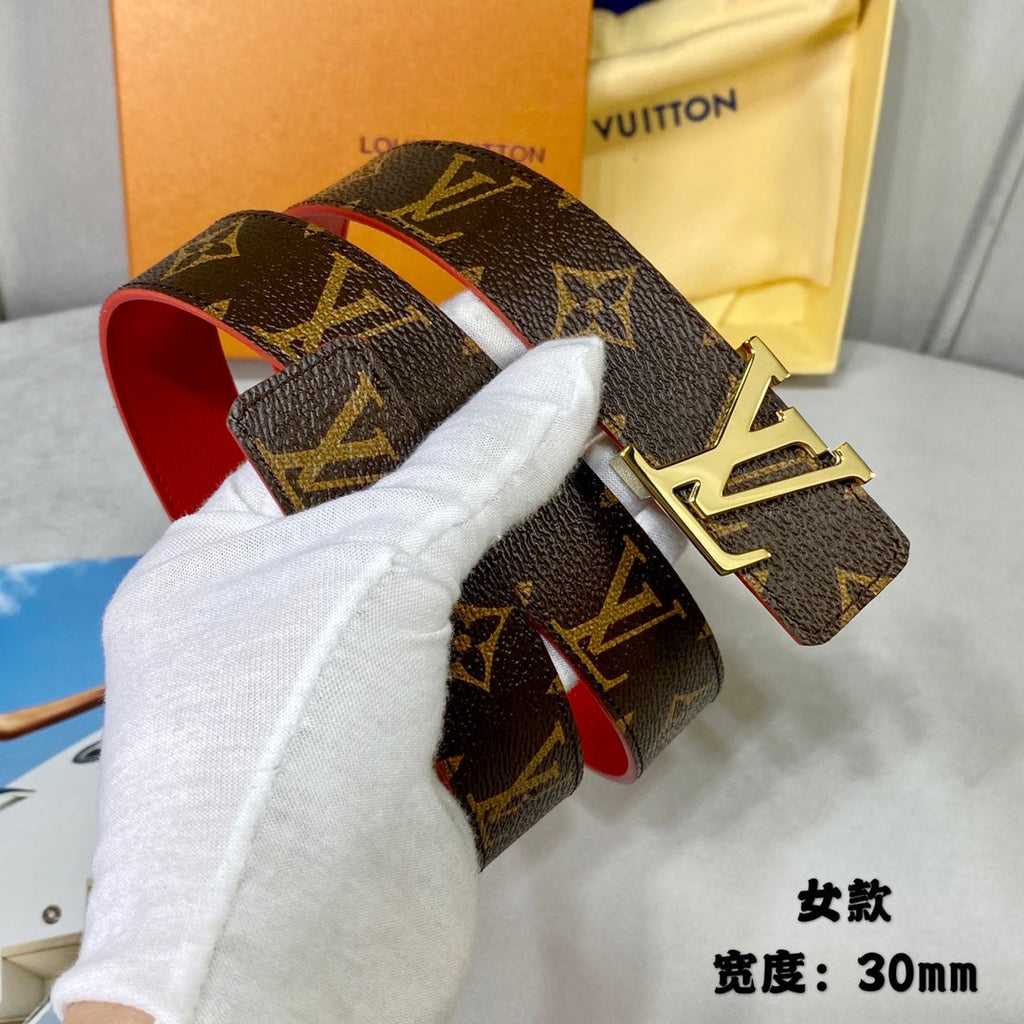 LV INITIALES 30 MM REVERSIBLE BELT IN BROWN MONOGRAM AND CHERRY RED CALFSKIN GOLD HARDWARE