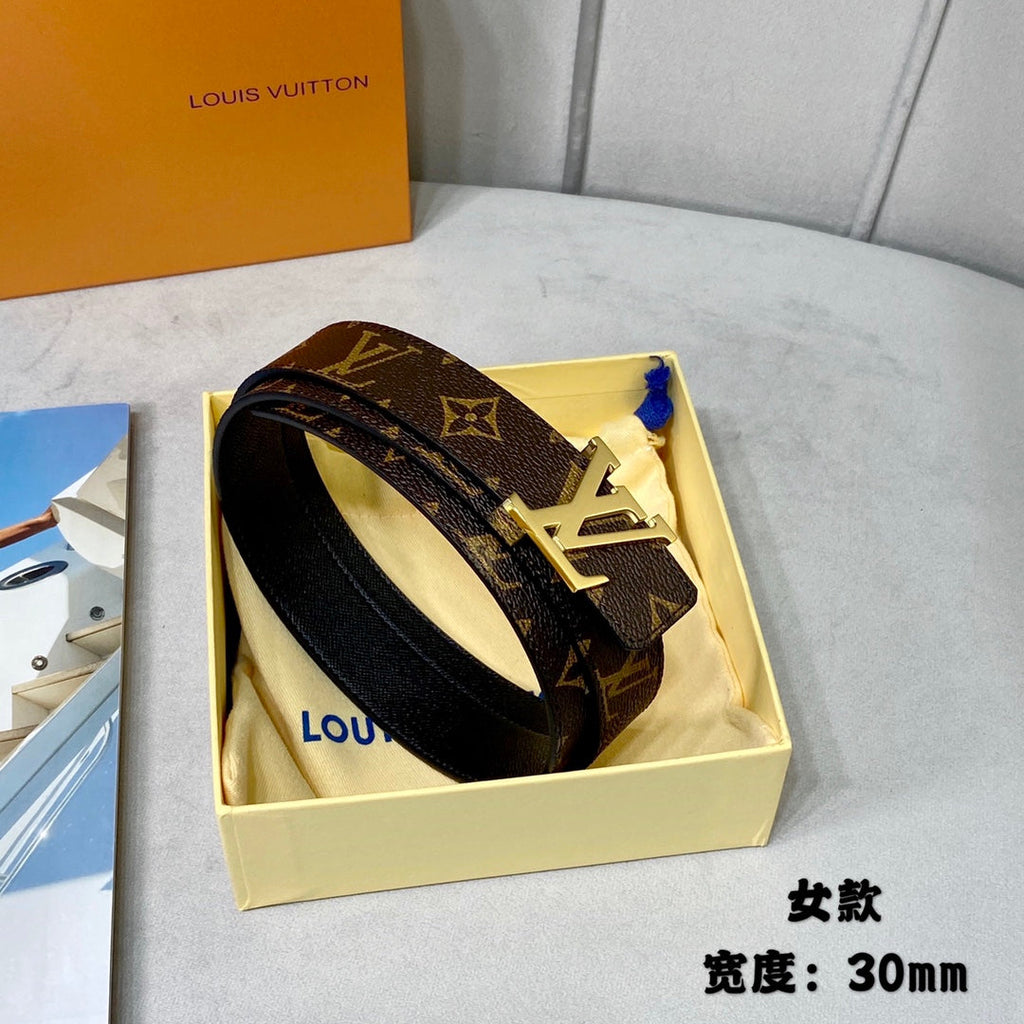 LV INITIALES 30 MM REVERSIBLE BELT IN BROWN MONOGRAM AND BLACK CALFSKIN GOLD HARDWARE