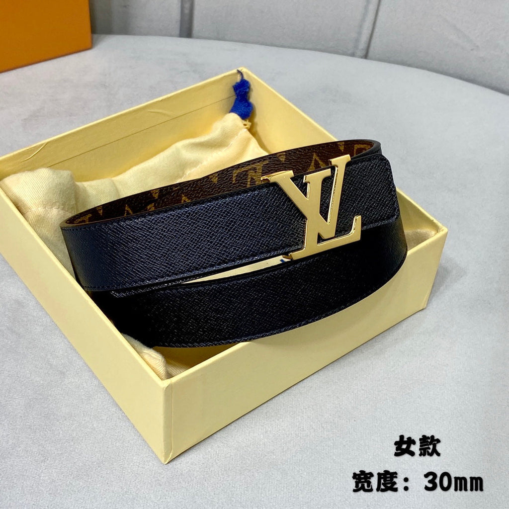LV INITIALES 30 MM REVERSIBLE BELT IN BROWN MONOGRAM AND BLACK CALFSKIN GOLD HARDWARE