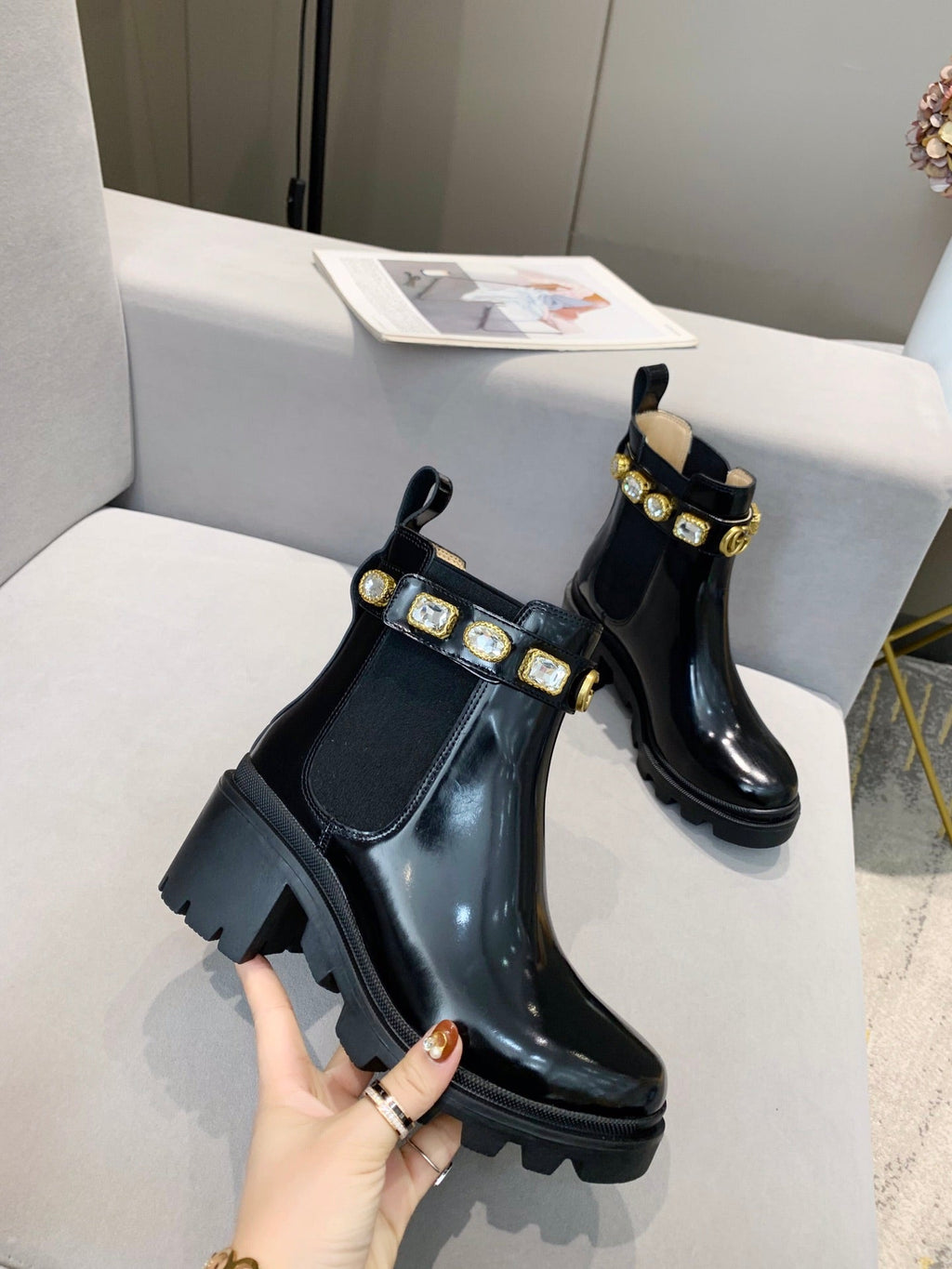 GG CRYSTAL ANKLE BOOTS IN BLACK CALFSKIN GHW