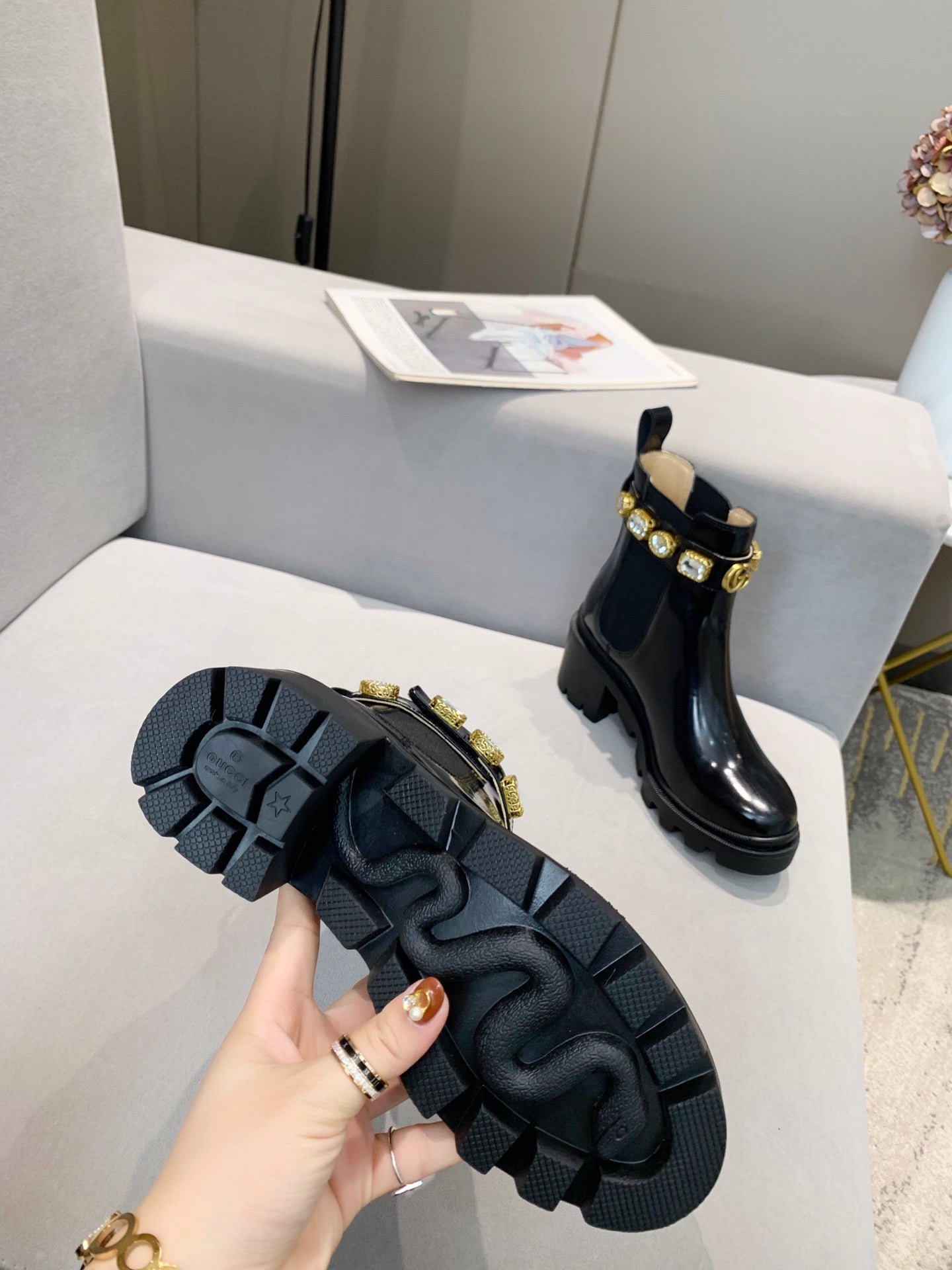 GG CRYSTAL ANKLE BOOTS IN BLACK CALFSKIN GHW