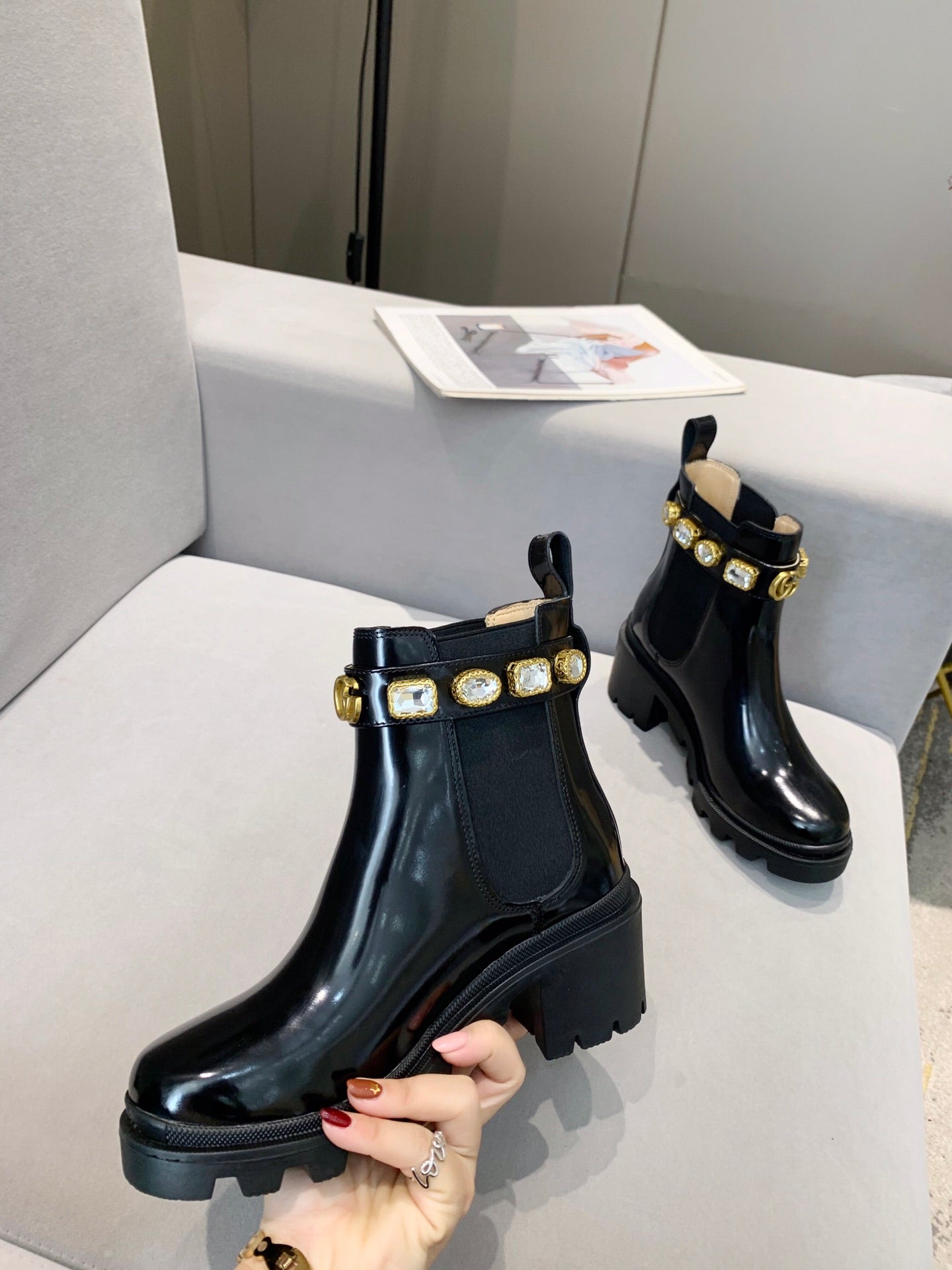 GG CRYSTAL ANKLE BOOTS IN BLACK CALFSKIN GHW