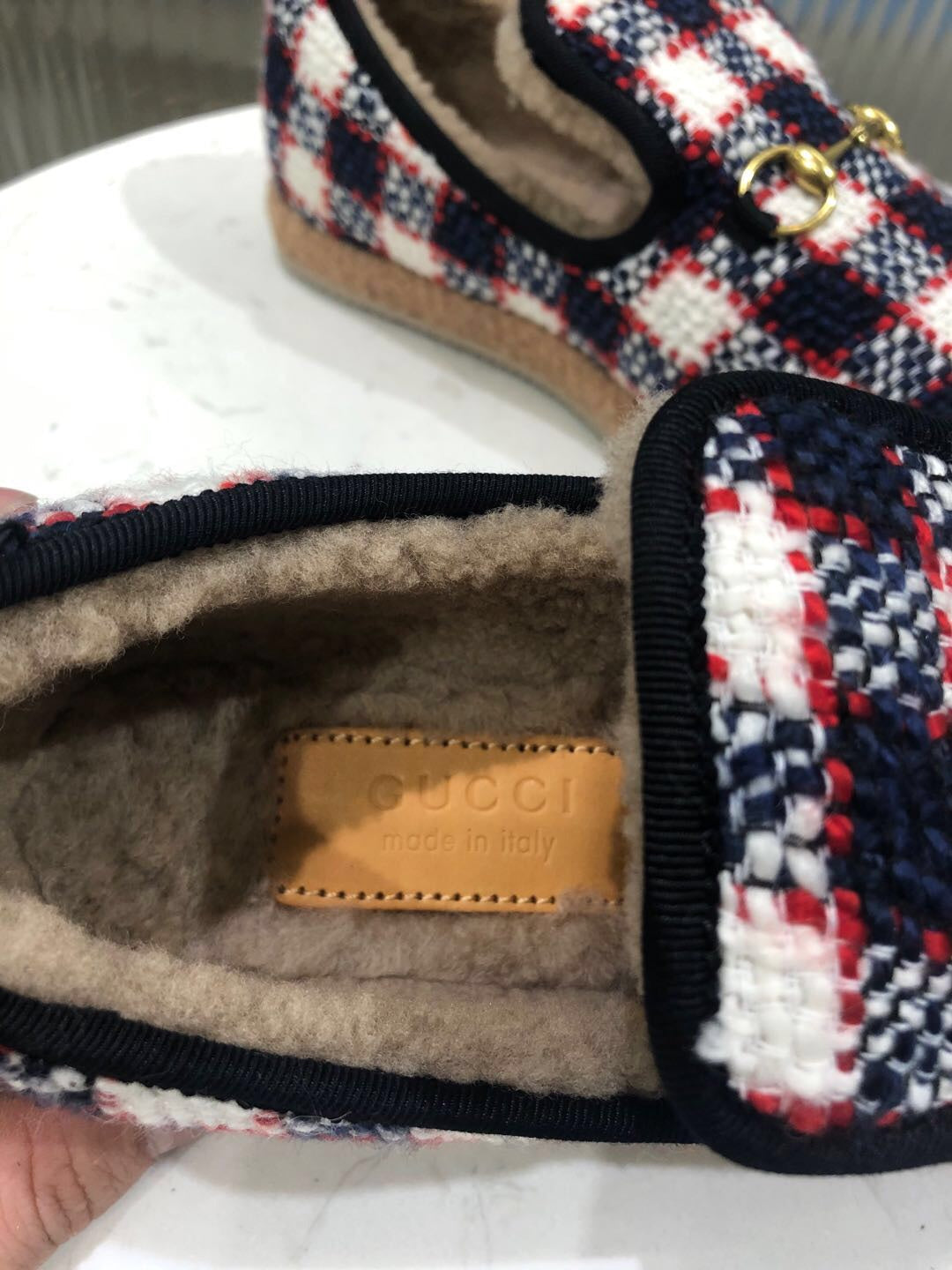 GG HORSEBIT LOAFER IN COLORFUL TWEED AND LAMB FUR LINING