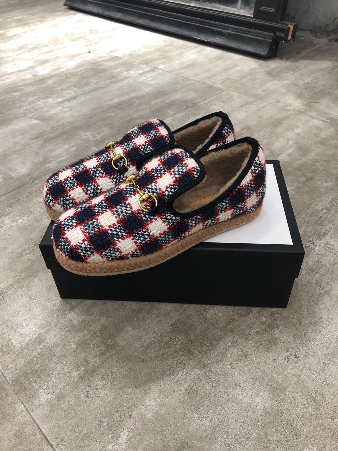 GG HORSEBIT LOAFER IN COLORFUL TWEED AND LAMB FUR LINING