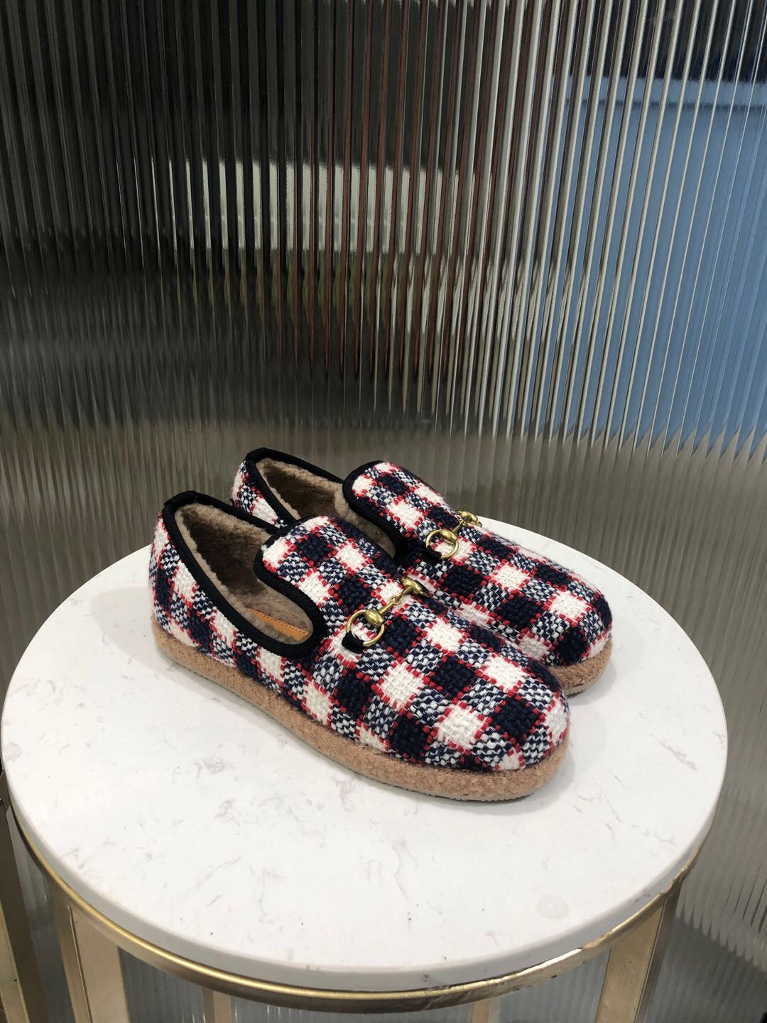 GG HORSEBIT LOAFER IN COLORFUL TWEED AND LAMB FUR LINING