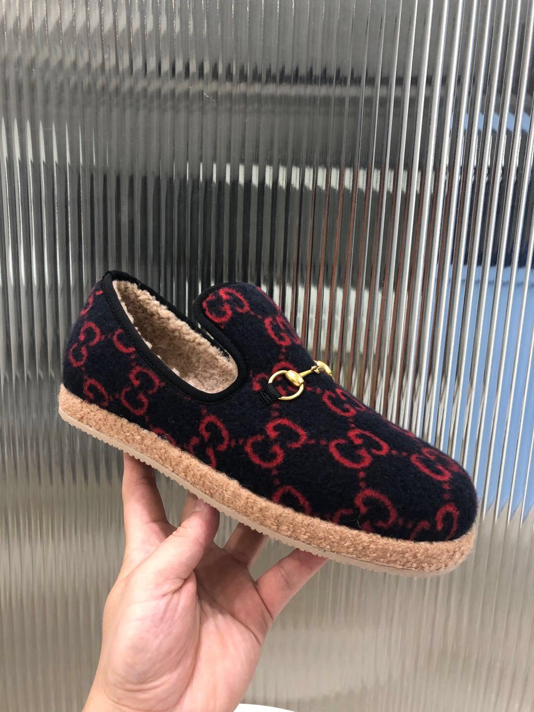 GG HORSEBIT LOAFER IN BLACK MIX RED WOOL AND LAMB FUR LINING