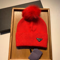 BEANIE HAT IN CHERRY RED WOOL AND RABBIT FUR 361436