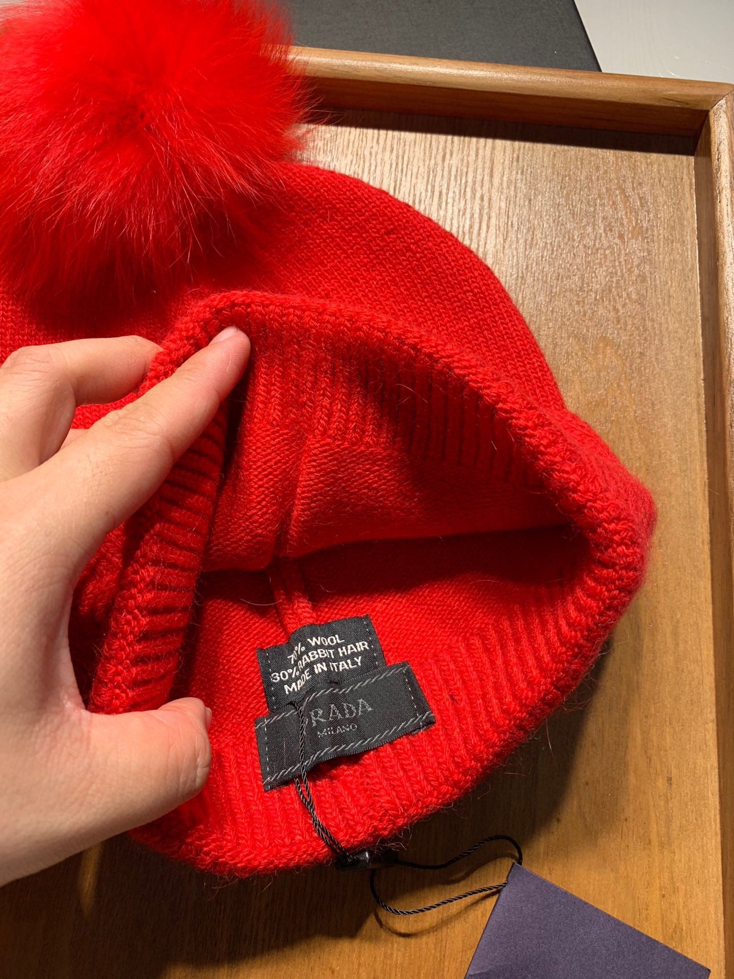 BEANIE HAT IN CHERRY RED WOOL AND RABBIT FUR 361436