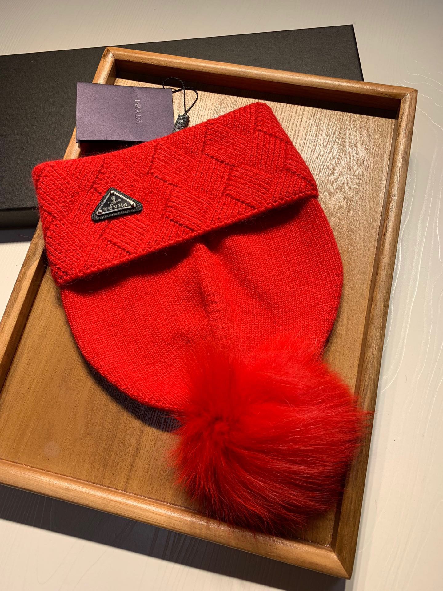 BEANIE HAT IN CHERRY RED WOOL AND RABBIT FUR 361436