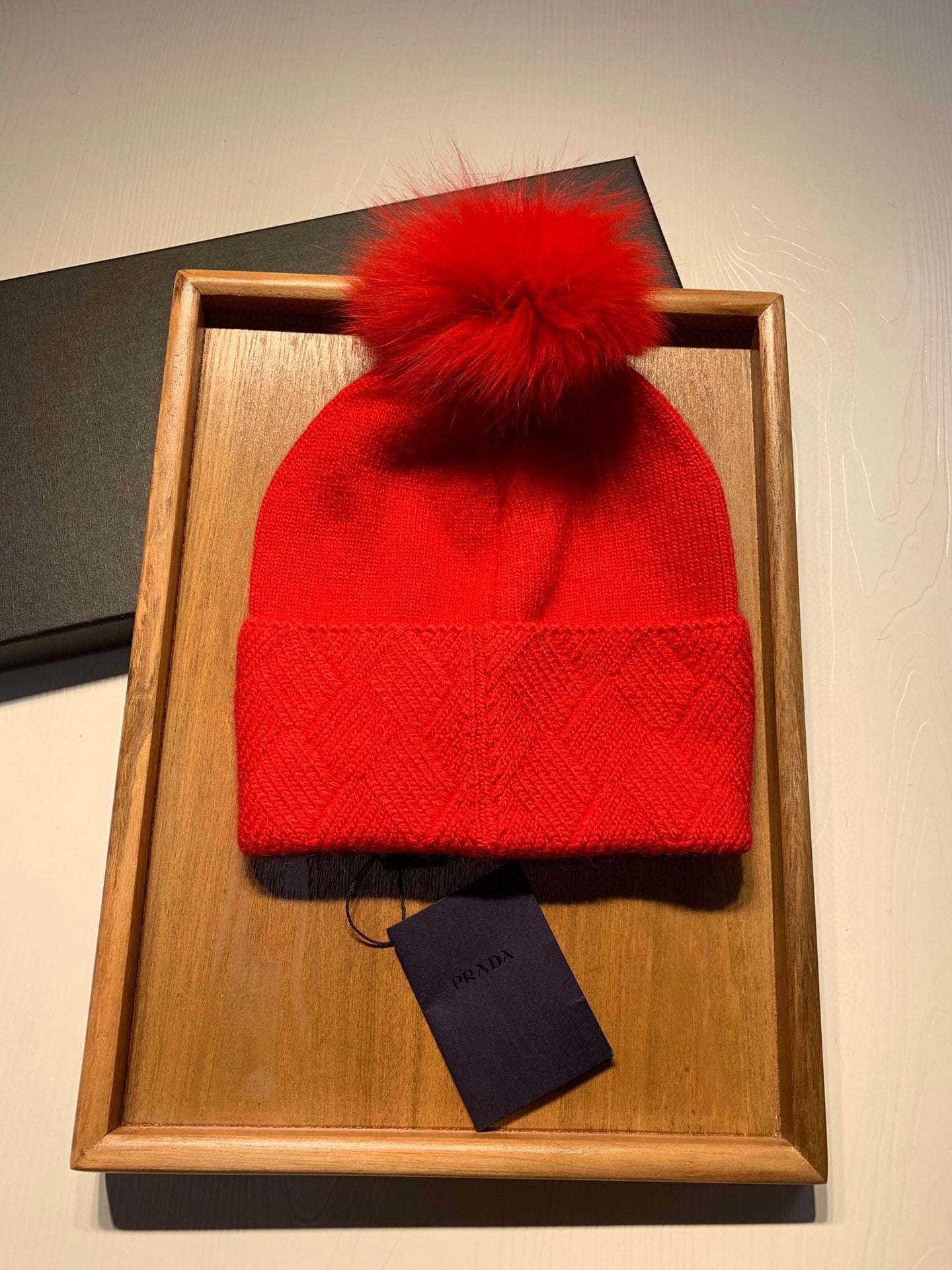 BEANIE HAT IN CHERRY RED WOOL AND RABBIT FUR 361436