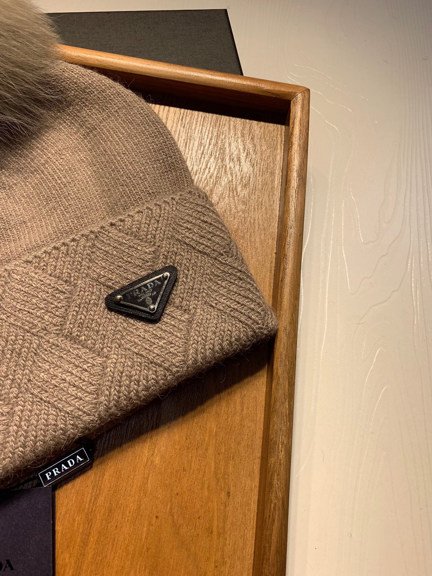 BEANIE HAT IN CAMEL BROWN WOOL AND RABBIT FUR 361437