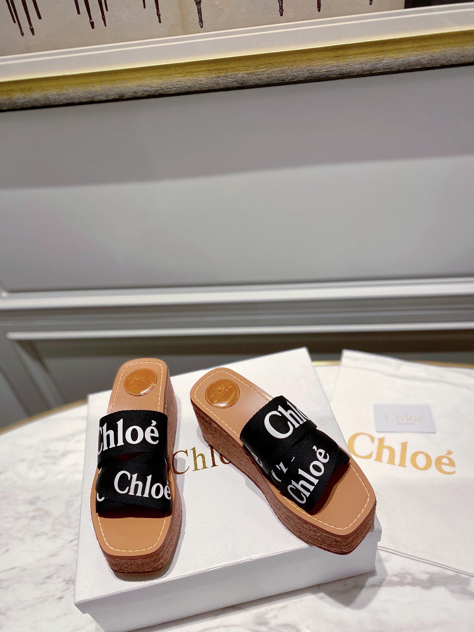 CHLOÉ WOODY WEDGE IN BLACK DENIM WITH WHITE LOGO