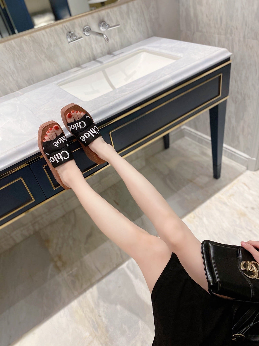 CHLOÉ WOODY WEDGE IN BLACK DENIM WITH WHITE LOGO