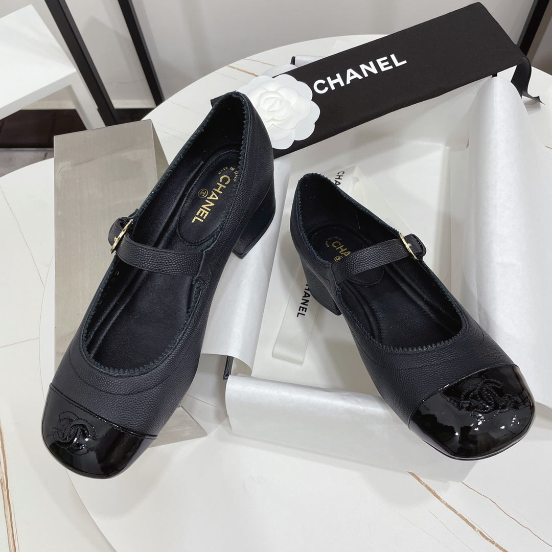 CC MARY JANE BLOCK HEEL BLACK SHEEPSKIN