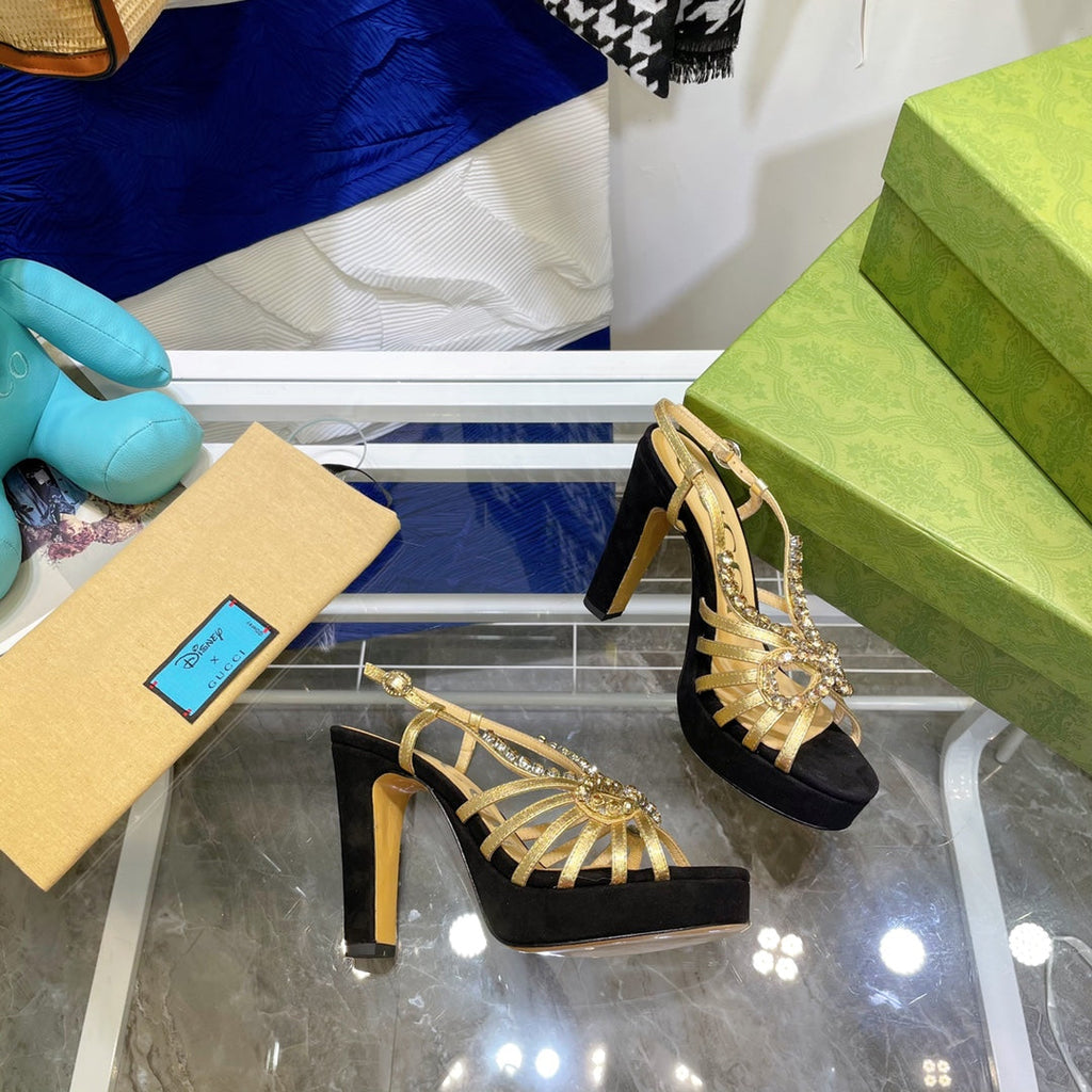 GG CRYSTAL HIGH HEEL SANDAL BLACK LAMBSKIN