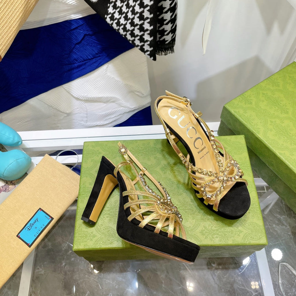 GG CRYSTAL HIGH HEEL SANDAL BLACK LAMBSKIN