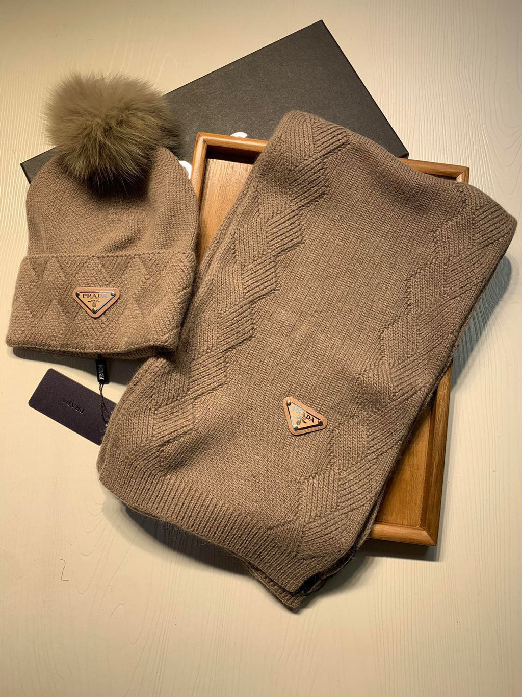 SET SCARF AND HAT IN MEDIUM BROWN WOOL AND RABBIT FUR 416364