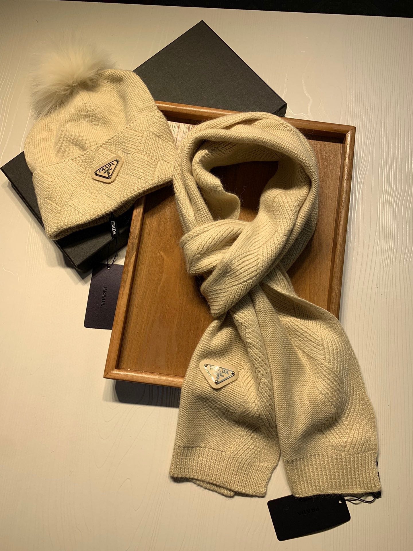 SET SCARF AND HAT IN BISQUE BEIGE WOOL AND RABBIT FUR 416365