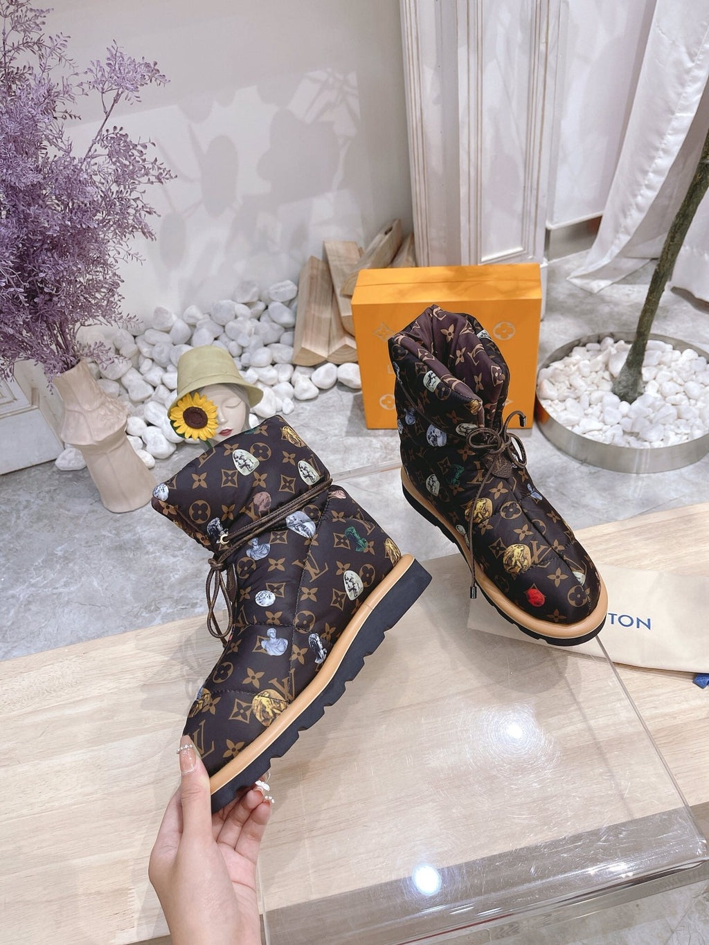 PILLOW COMFORT ANKLE BOOTS IN CHOCOLATE BROWN MONOGRAM NYLON