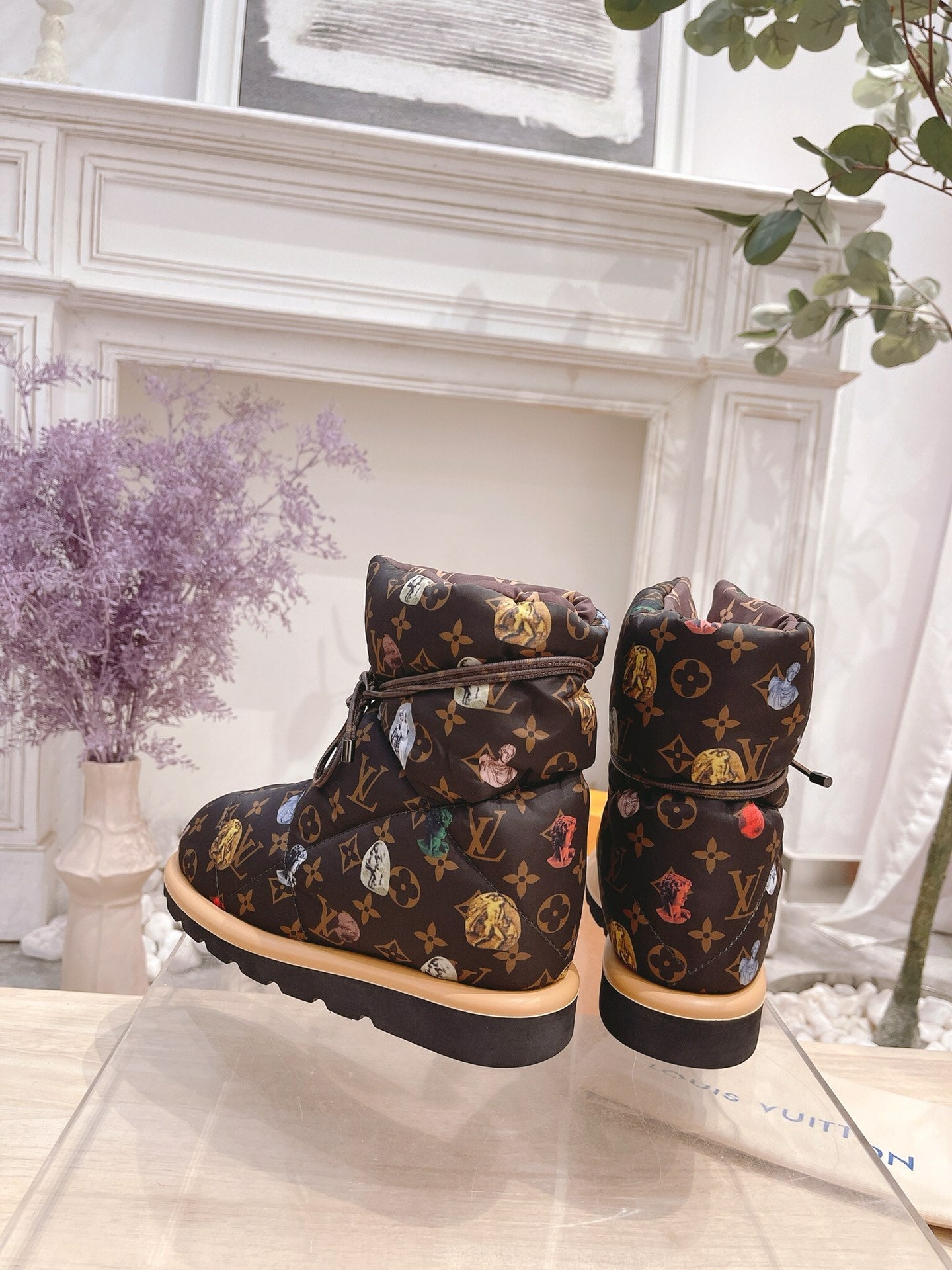 PILLOW COMFORT ANKLE BOOTS IN CHOCOLATE BROWN MONOGRAM NYLON