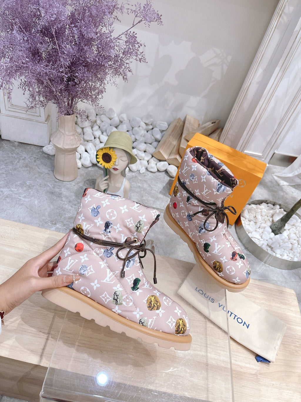 PILLOW COMFORT ANKLE BOOTS IN ROSY BROWN MIX WHITE MONOGRAM NYLON