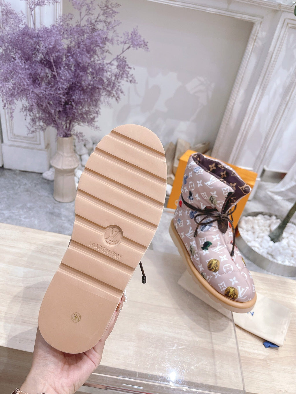 PILLOW COMFORT ANKLE BOOTS IN ROSY BROWN MIX WHITE MONOGRAM NYLON