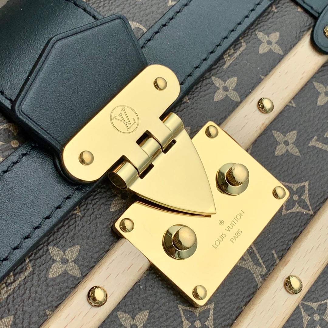 TRIANON PM 21 IN BROWN MONOGRAM COATED CANVAS AND BLACK CALFSKIN SIGNATURE S-LOCK