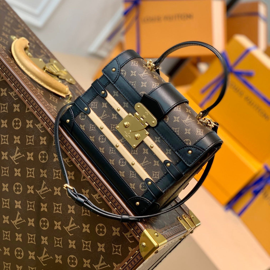 TRIANON PM 21 IN BROWN MONOGRAM COATED CANVAS AND BLACK CALFSKIN SIGNATURE S-LOCK