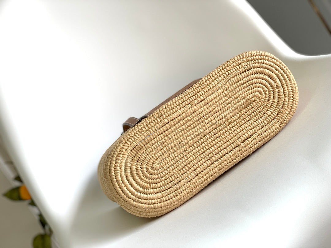LOEWE 25S BASKET BAG 30 IN NATURAL MIX BROWN RAFFIA CALFSKIN SHOULDER STRAP