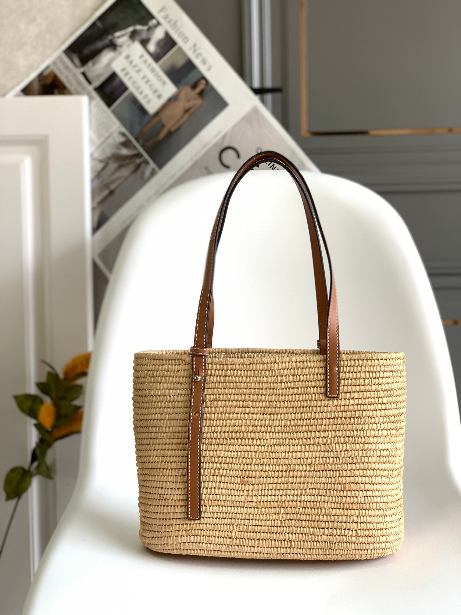 LOEWE 25S BASKET BAG 30 IN NATURAL MIX BROWN RAFFIA CALFSKIN SHOULDER STRAP