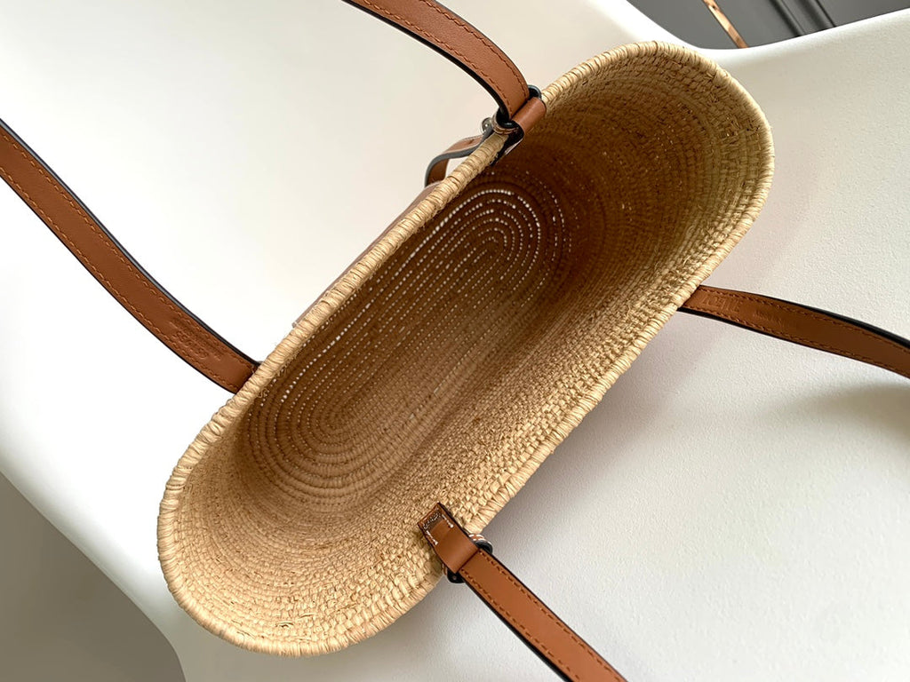 LOEWE 25S BASKET BAG 30 IN NATURAL MIX BROWN RAFFIA CALFSKIN SHOULDER STRAP