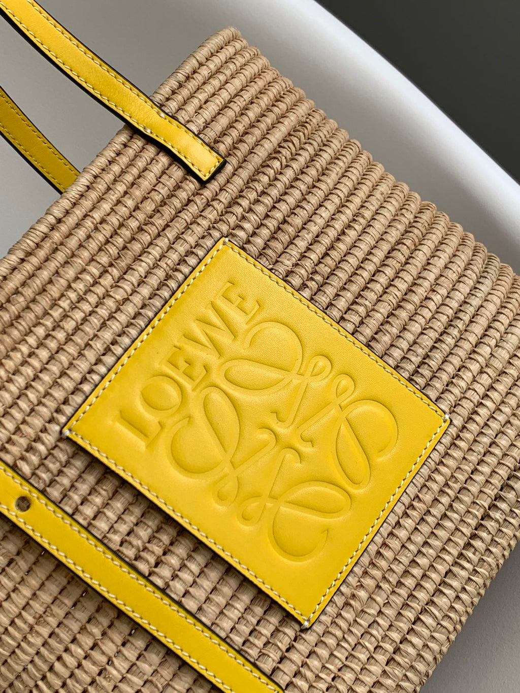 LOEWE 25S BASKET BAG 30 IN NATURAL MIX YELLOW RAFFIA CALFSKIN SHOULDER STRAP