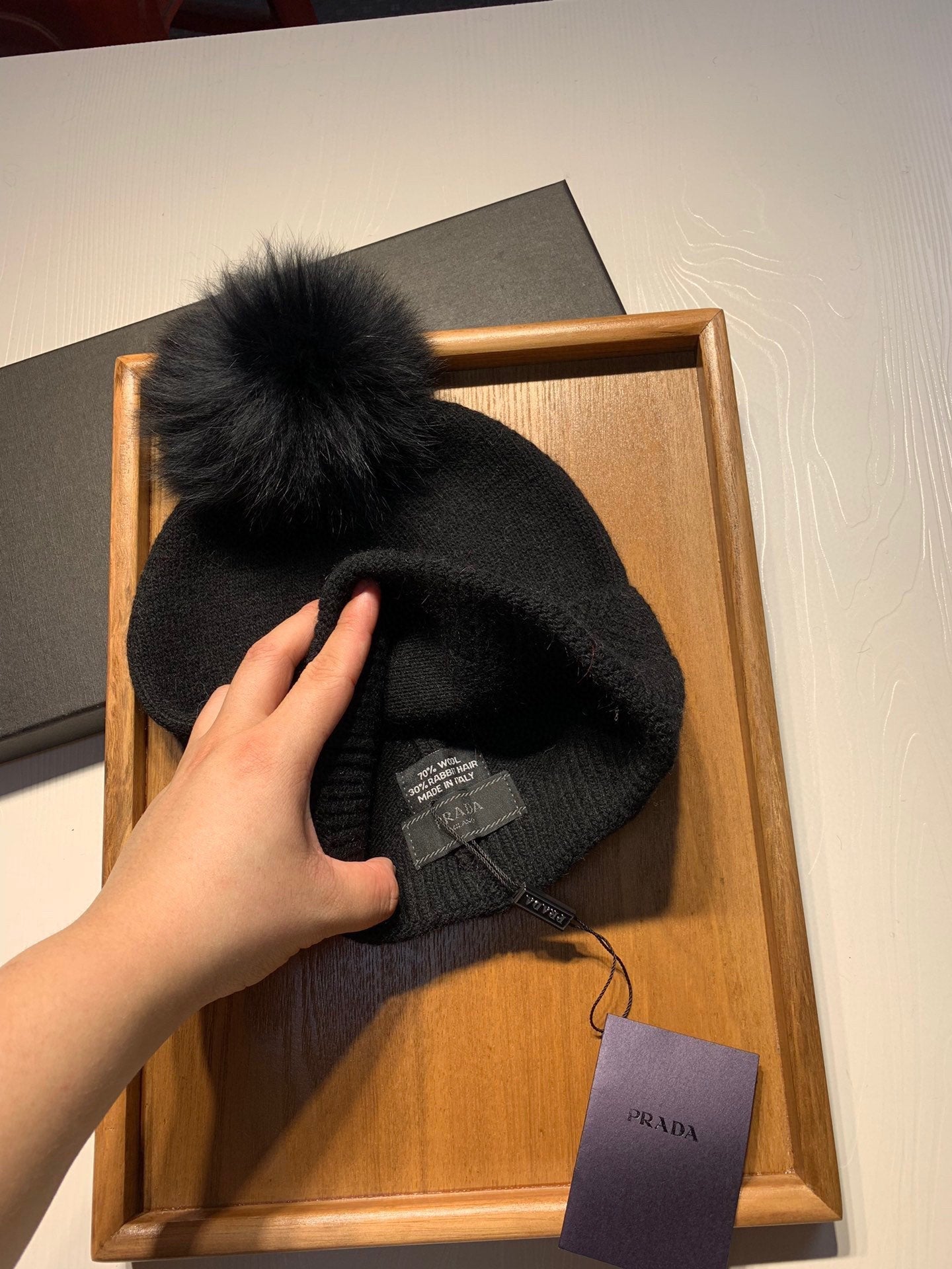 BEANIE HAT IN BLACK WOOL AND RABBIT FUR 361438