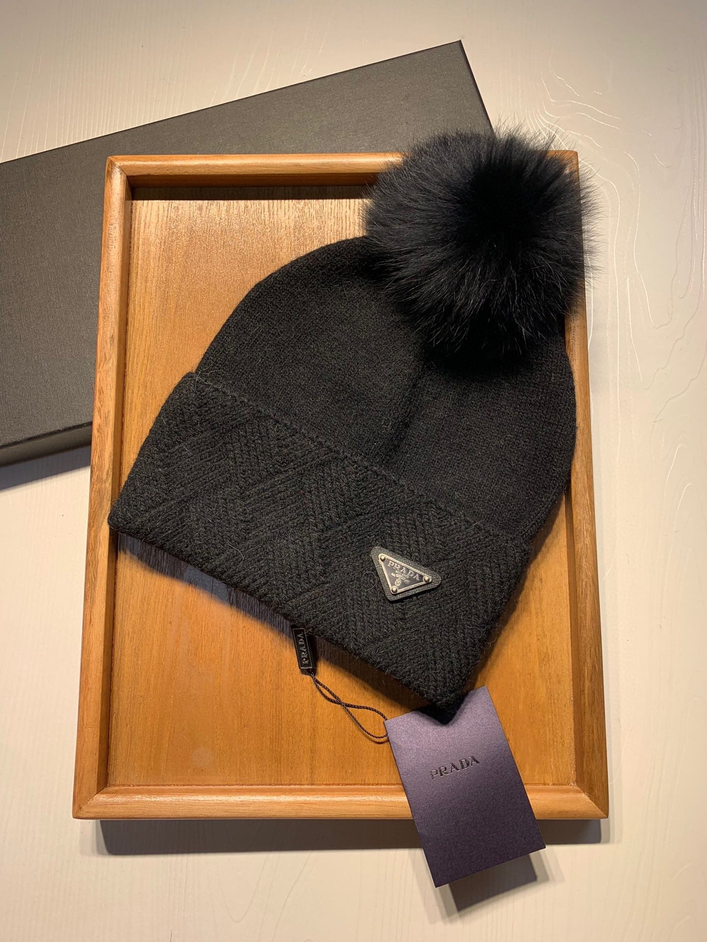 BEANIE HAT IN BLACK WOOL AND RABBIT FUR 361438