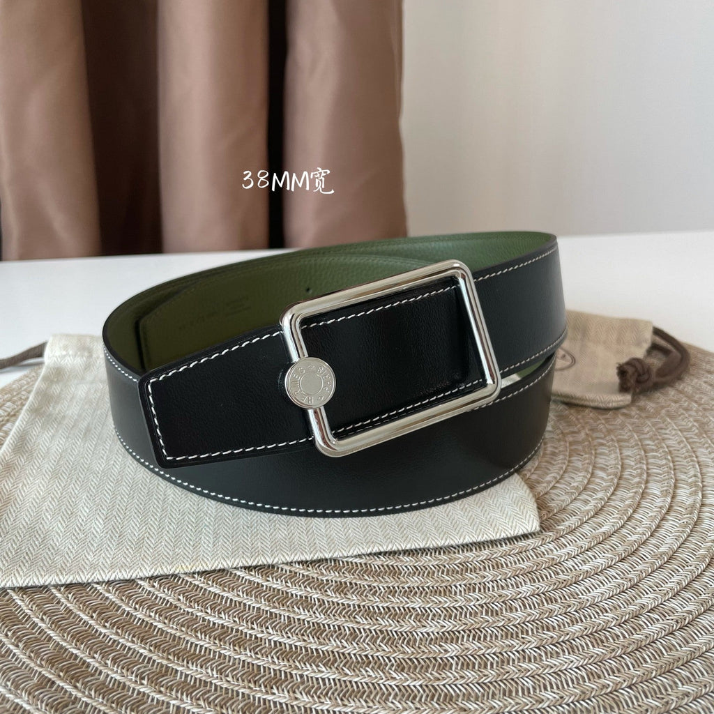 OSCAR BELT BUCKLE & REVERSIBLE OLIVE GREEN AND BLACK LEATHER STRAP 38MM SILVER HARDWARE