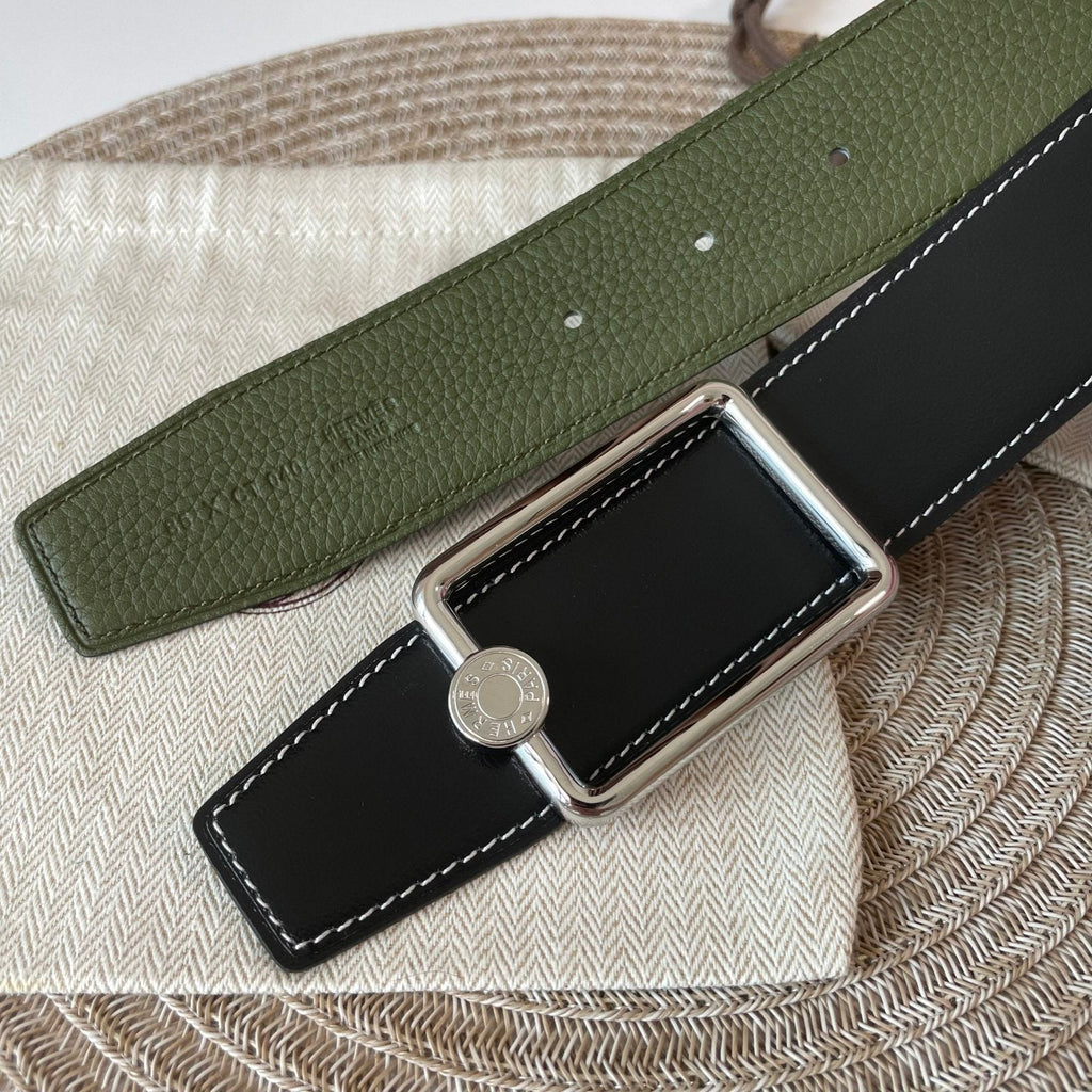 OSCAR BELT BUCKLE & REVERSIBLE OLIVE GREEN AND BLACK LEATHER STRAP 38MM SILVER HARDWARE