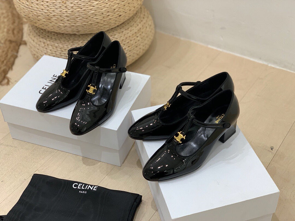 TRIOMPHE T-BAR HIGH PUMPS IN BLACK PATENT CALFSKIN