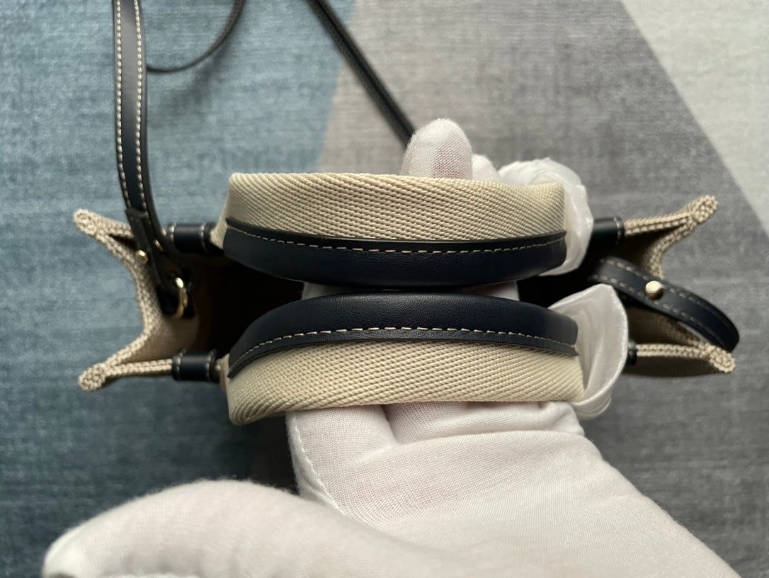 SMALL STRAP WOODY TOTE BAG 26.5 IN BEIGE LINEN CANVAS BLACK WEBBING LOGO EMBROIDER BLACK CALFSKIN