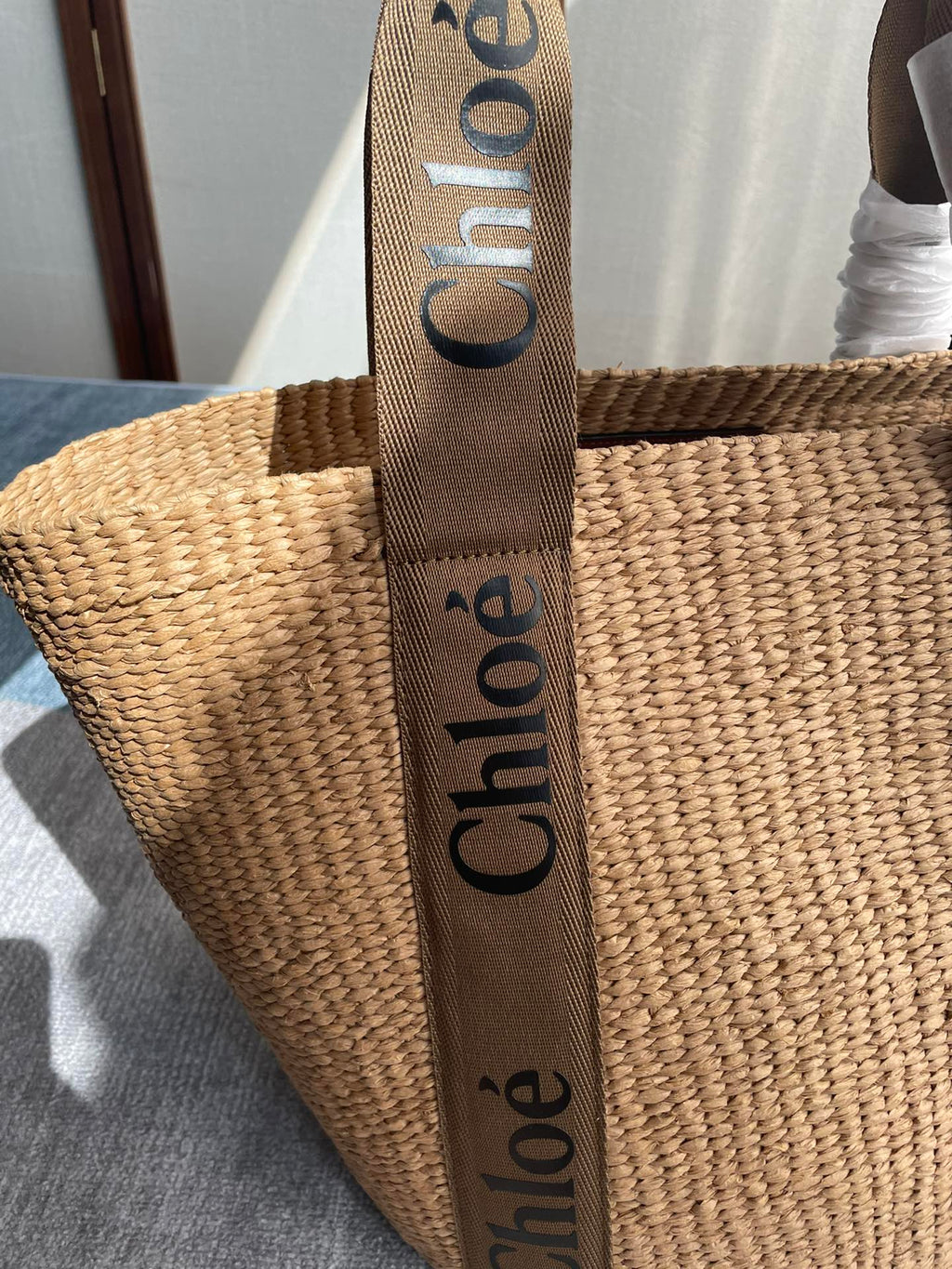 LAGRE WOODY TOTE BAG 48 IN NATURAL FIBERS BROWN WEBBING AND CALFSKIN