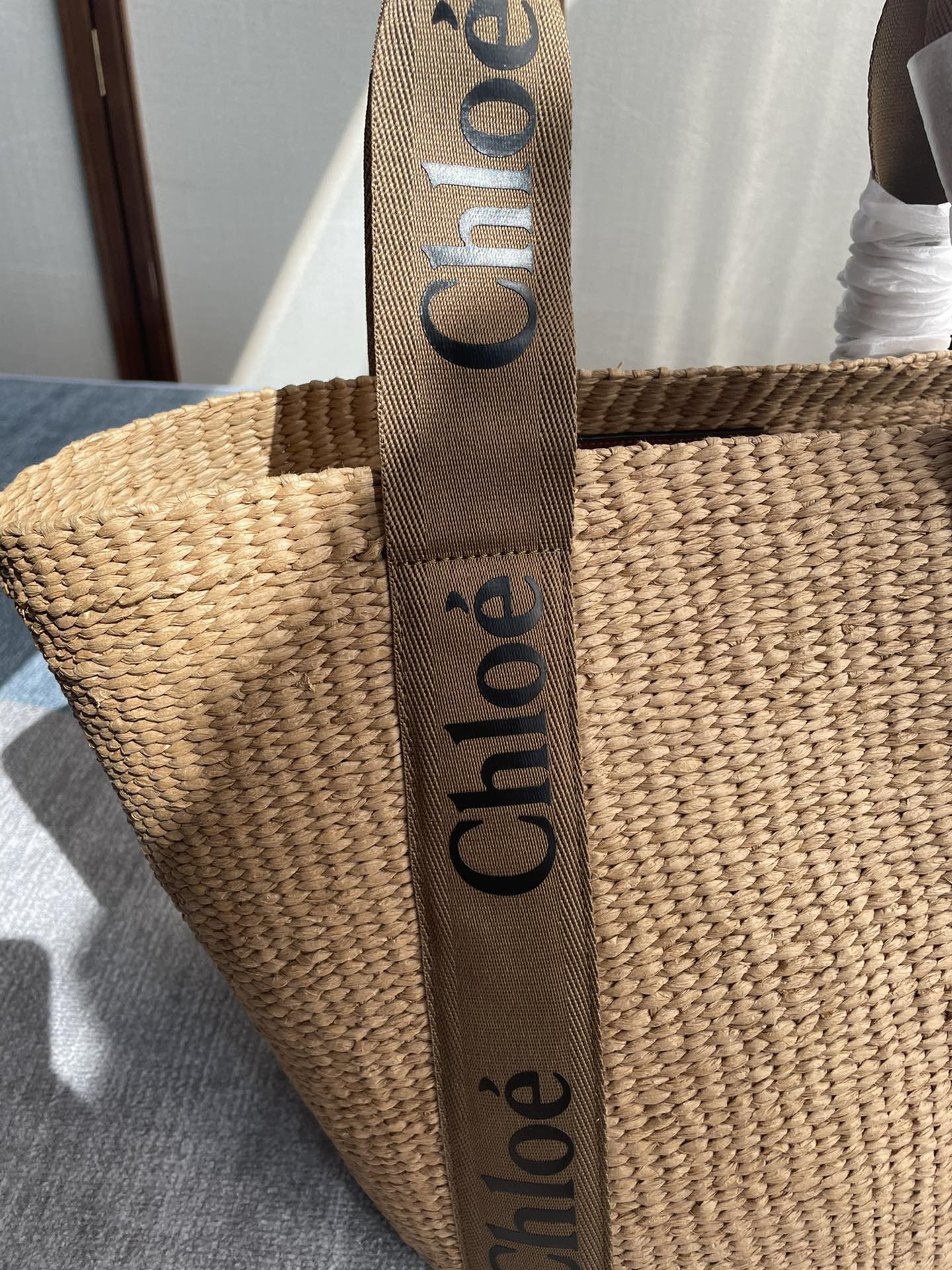 LAGRE WOODY TOTE BAG 48 IN NATURAL FIBERS BROWN WEBBING AND CALFSKIN