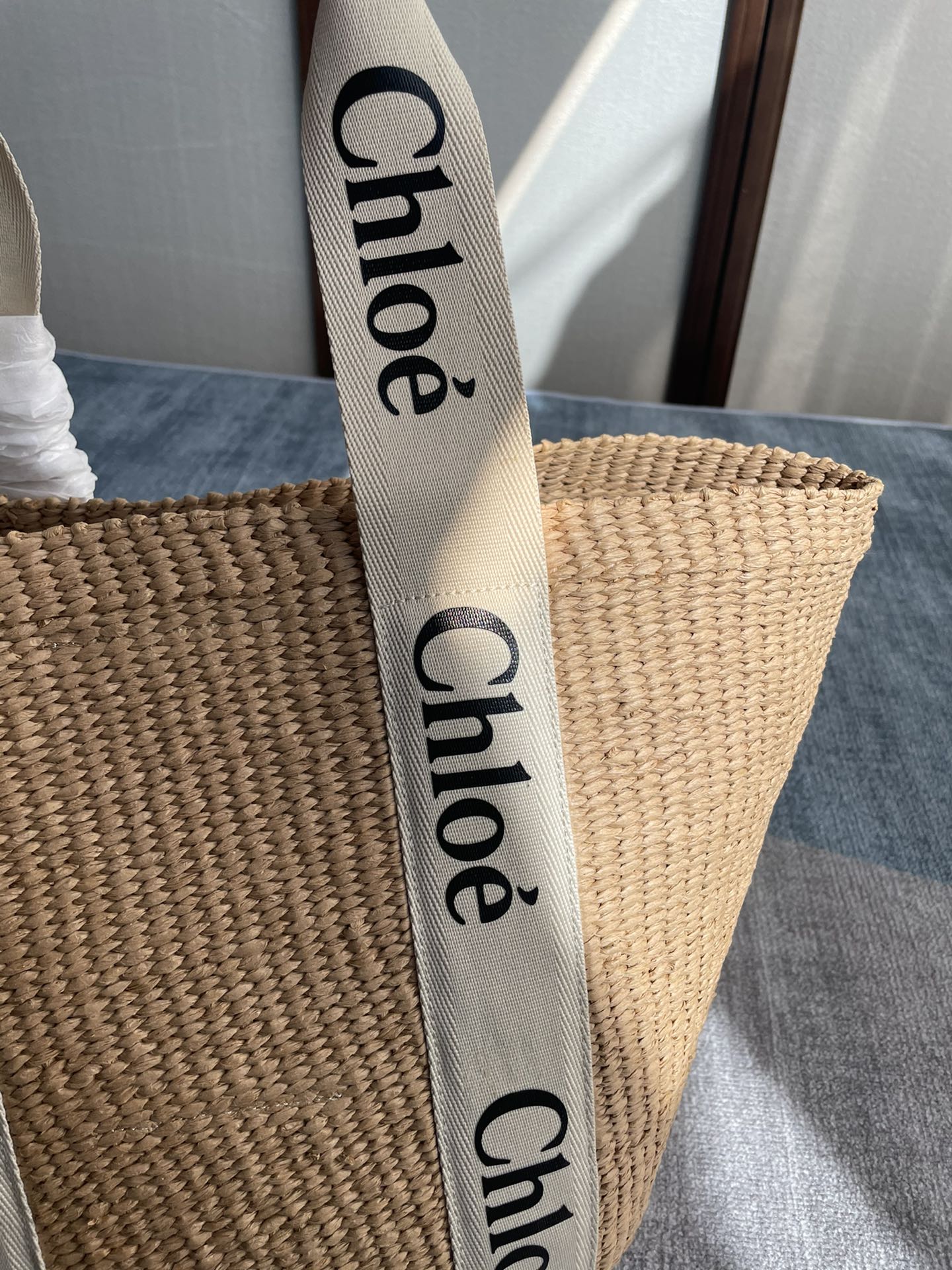 LAGRE WOODY TOTE BAG 48 IN NATURAL FIBERS BEIGE WEBBING BROWN CALFSKIN