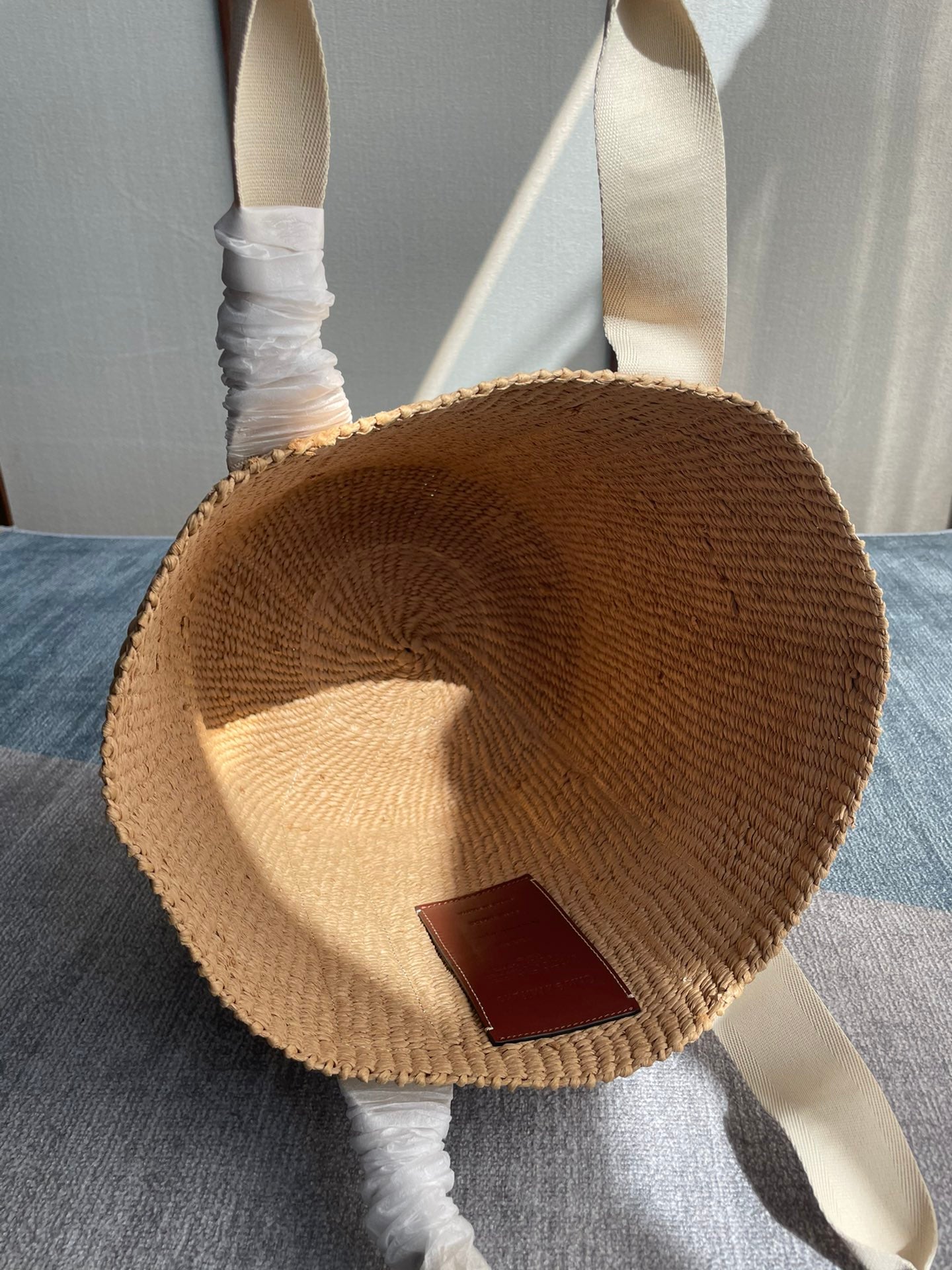 LAGRE WOODY TOTE BAG 48 IN NATURAL FIBERS BEIGE WEBBING BROWN CALFSKIN