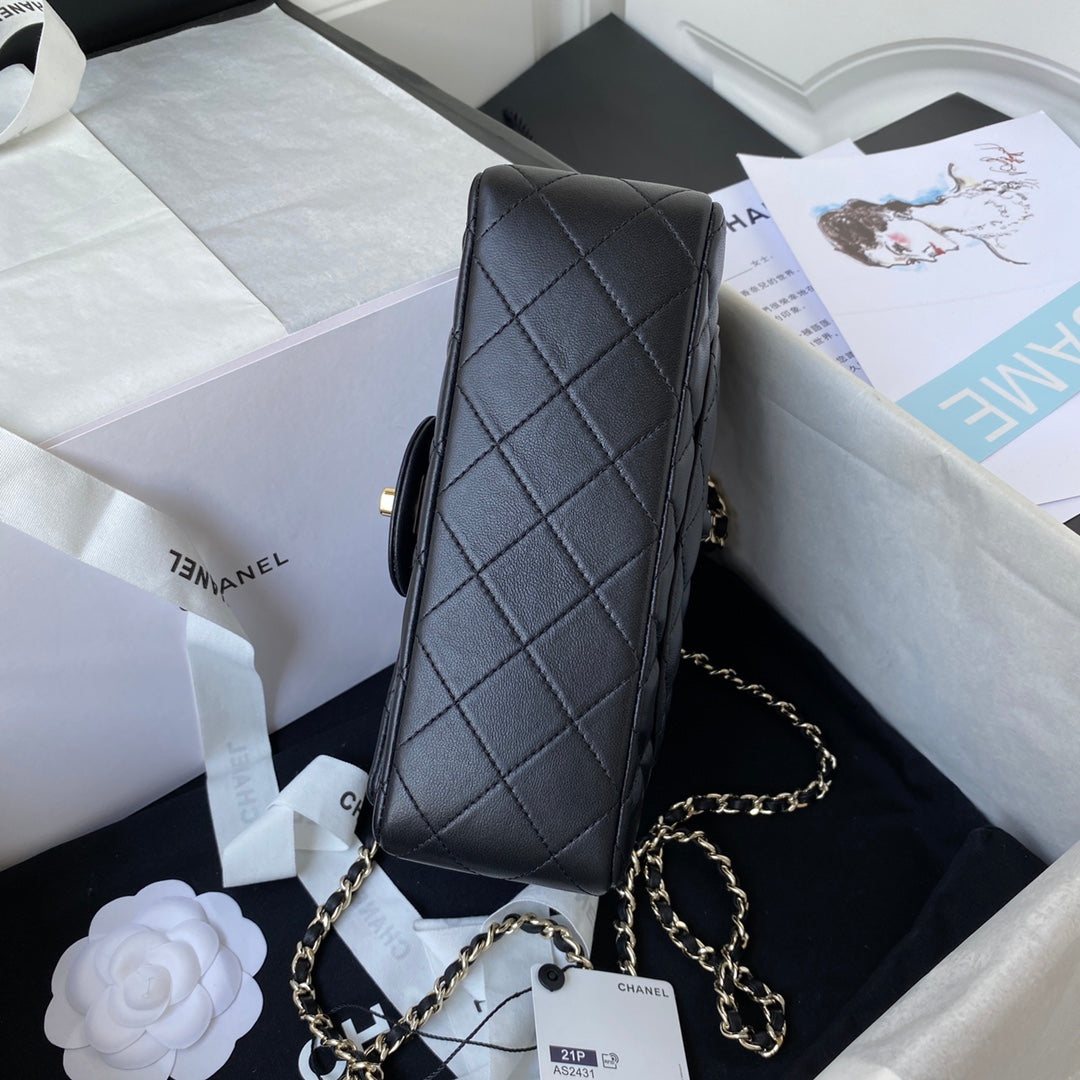 CHANEL 25S MINI FLAP BAG WITH TOP HANDLE 20 IN BLACK CALFSKIN GOLD HARDWARE